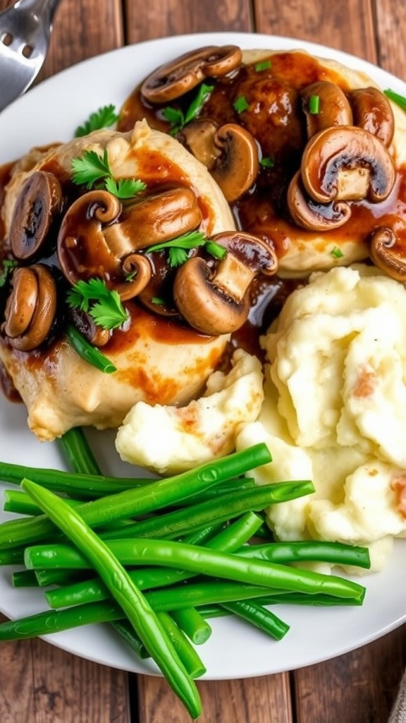 Plate of Slow Cooker Chicken Marsala with chicken in wine sauce and mushrooms, garnished with parsley, served with mashed potatoes.